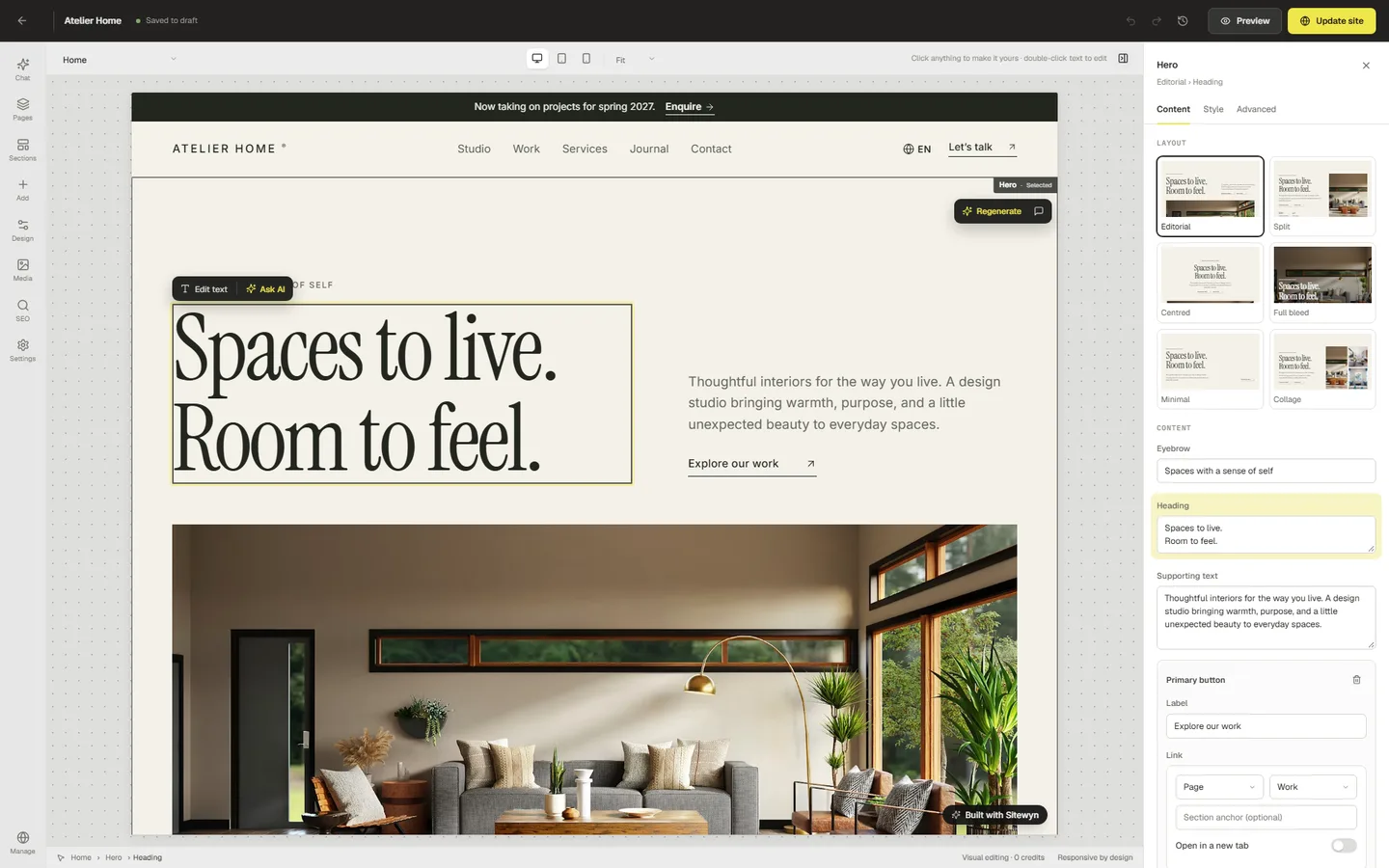 The visual builder: Sitewyn screenshot with demo data